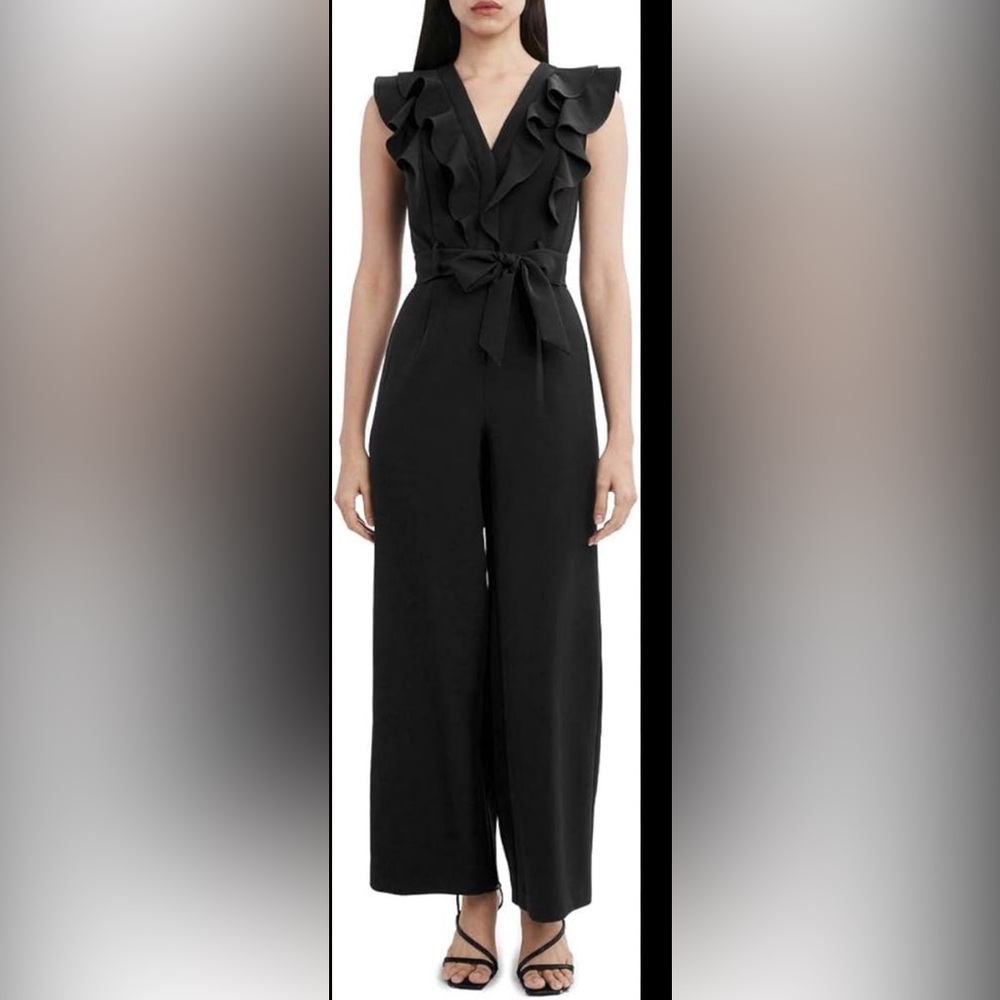 BCBGeneration Black Ruffled Wide-Leg Jumpsuit with Tie Waist